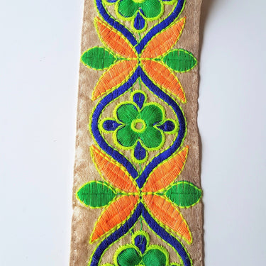 Beige Art Silk Fabric Trim With Orange, Green, Blue And Yellow Floral Embroidery